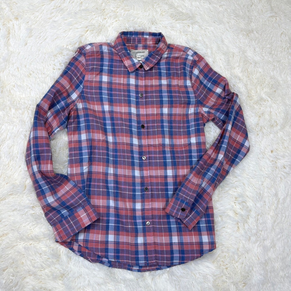 Current/Elliott Slim Boy Shirt Womens 2 Red Blue Stardust Plaid Button Down